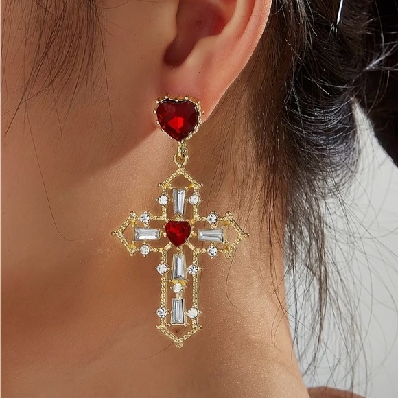 Jewelry - Baroque Red Heart Cross Earrings | 18k Gold-Plated Statement Dangle Earrings